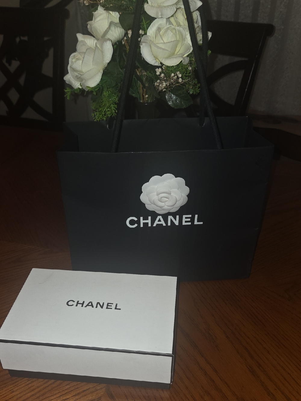 CHANEL Black Shopping Bag with White Camellia and White Box
